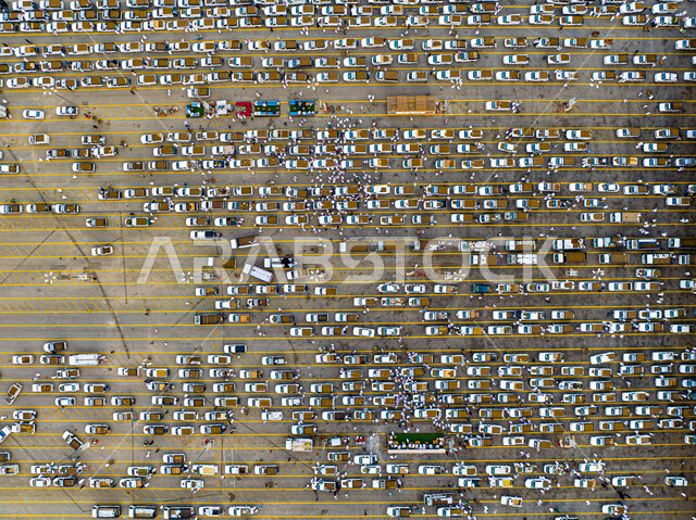 منتج محلي وطني سعودي,  مدينة التمور في البريدة، صورة أفقيه عامودية لسيارات وشاحنات نقل وبيع و شراء التمور القصيمية لسوق التمور الموسمي في القصيم في المملكة العربية السعودية, مجموعة من الرجال العرب السعوديين الخليجيين في مهرجان التمور في القصيم