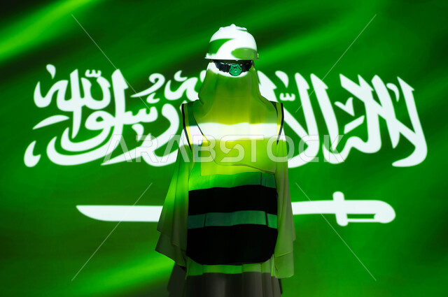 The engineering sector has advanced with the help of the people of the nation, a picture from the back of a veiled Saudi Arabian Gulf engineer wearing a jacket and a protection helmet, the merging of the body with the light of science, Science Day, March 11, celebrating the anniversary of the Saudi National Day, September 23, and the Saudi National Day, women’s professions and jobs.