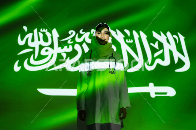 Providing therapeutic services and health care for the people of the country, Saudi National Day, September 23, merging the face with the light of the flag, a veiled Saudi Arabian Gulf doctor wearing a medical coat, celebrating Saudi Flag Day, March 11 and National Day, women’s professions and jobs