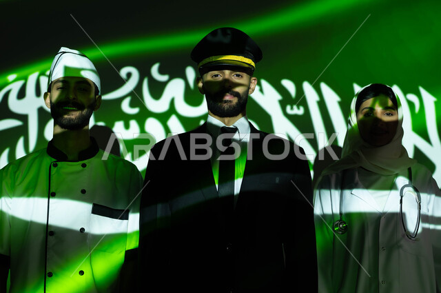 Various professions support the advancement and development of the nation, the prosperity and development of the country through youth culture, the celebration of the Saudi Flag Day, March 11, and the National Day, the commemoration of the Saudi National Day, September 23, a close-up of the reflection of the flag’s light on Saudi Gulf Arab employees wearing custom work uniforms.