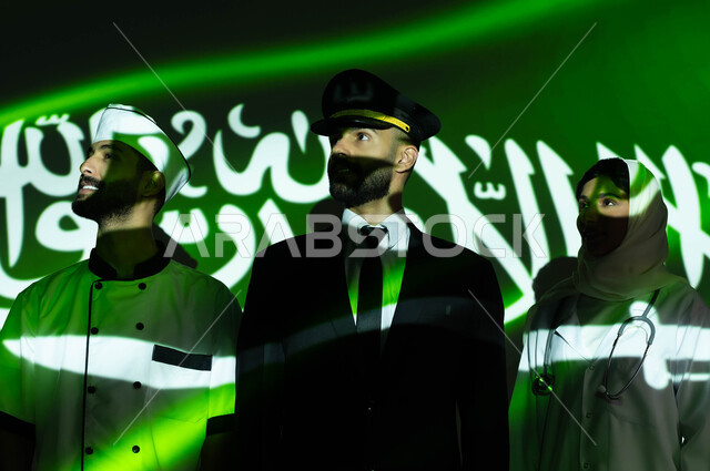 Developing and prospering the country through youth culture, celebrating the Saudi Flag Day, March 11, and the National Day, achieving growth and development with the help of the nation’s people, commemorating the Saudi National Day, March 23, a close-up of the flag’s light reflecting on Saudi Gulf Arab employees wearing custom work uniforms.