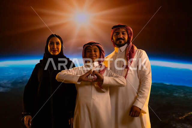 رحلة السعودية إلى الفضاء الخارجي، الترابط الأسري وقضاء الوقت مع الأبناء، إيماءات السرور والسعادة، عائلة عربية خليجية سعودية تقف بثقة وتنظر إلى الكاميرا، طفل يقوم بحركة يد تدل على الحب، نمو وتطور قطاع الفضاء في المملكة، خلفية شروق الشمس على كوكب الأرض
