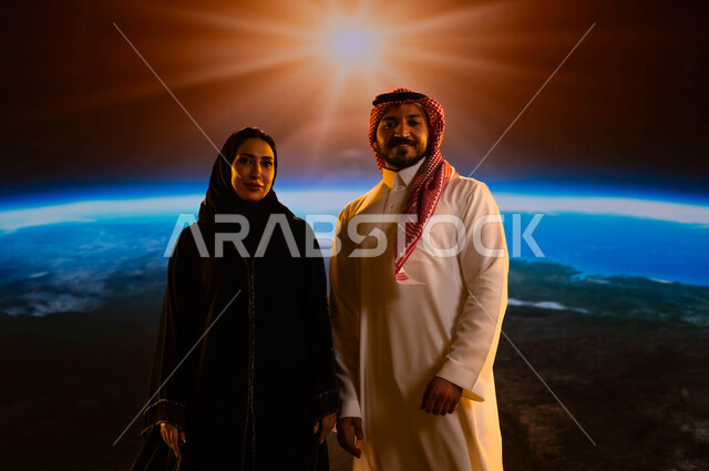 مفهوم الترابط الأسري، نمو وتطور قطاع الفضاء في المملكة، رحلة السعودية إلى الفضاء الخارجي، إيماءات السرور والسعادة، زوجان عربيان خليجيان سعوديان يقفان بثقة وينظران إلى الكاميرا، خلفية شروق الشمس على كوكب الأرض