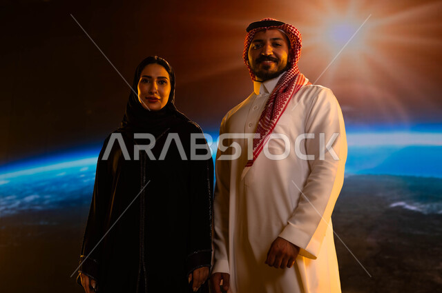 نمو وتطور قطاع الفضاء في المملكة، مفهوم الترابط الأسري، زوجان عربيان خليجيان سعوديان يقفان بثقة وينظران إلى الكاميرا، إيماءات السرور والسعادة، رحلة السعودية إلى الفضاء الخارجي، خلفية شروق الشمس على كوكب الأرض