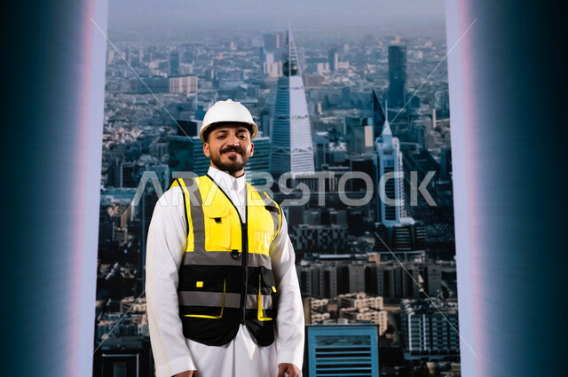 إيماءات الافتخار بالنهضة العمرانية للمملكة, الأبراج و الإنجازات العمرانية في الرياض التي تحققت بفضل مهندسي الوطن, مشاريع هندسية تنموية وطنية سعودية, مهندس عربي سعودي خليجي مبتسم يرتدي الخوذة وسترة الحماية يقف بشموخ, وظائف ومهن سعودية, خلفية أبراج الرياض
