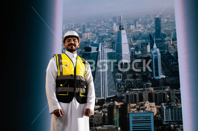 الأبراج و الإنجازات العمرانية في الرياض التي تحققت بفضل مهندسي الوطن, إيماءات الافتخار بالنهضة العمرانية للمملكة, مشاريع هندسية تنموية وطنية سعودية, مهندس عربي سعودي خليجي مبتسم يرتدي الخوذة وسترة الحماية يقف بشموخ, وظائف ومهن سعودية, خلفية أبراج الرياض