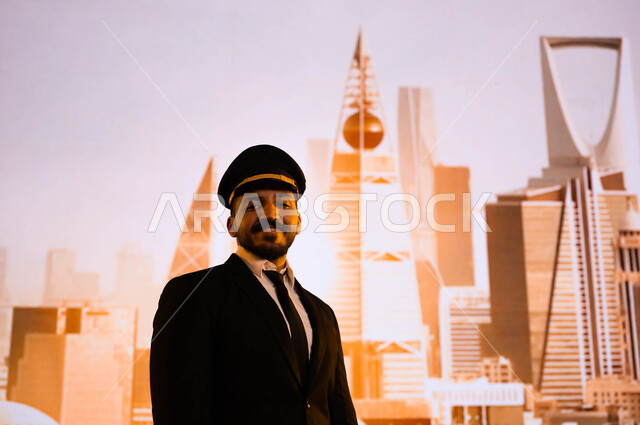 إيماءات الفخر والاعتزاز بتطور البلاد، الإنجازات التي تحققت بفضل أبناء الوطن، معالم عمرانية شهيرة في السعودية، صورة مقربة لطيار عربي سعودي خليجي يرتدي بدلة الطيران ويقف بثقة، الفن الهندسي المعماري المتميز في المملكة، خلفية أبراج وناطحات سحاب مدينة الرياض