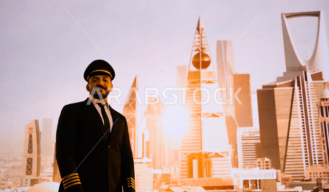 الإنجازات التي تحققت بفضل سواعد أبناء الوطن، إيماءات الافتخار بتطور البلاد، معالم عمرانية شهيرة في السعودية، طيار عربي سعودي خليجي يرتدي بدلة الطيران ويقف باعتزاز، الفن الهندسي المعماري المتميز لمدينة الرياض، خلفية الأبراج وناطحات السحاب في المملكة