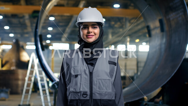 الاشراف والمتابعة على آلية سير عمل المعدات والآلات داخل المعمل، مهن ووظائف نسائية سعودية، صورة مقربة لمهندسة صناعية عربية خليجية سعودية مبتسمة ترتدي الحجاب وسترة العمل وخوذة الحماية البيضاء تنظر الى الكاميرا بإيماءات السعادة بنجاح خطة العمل، خلفية المصنع
