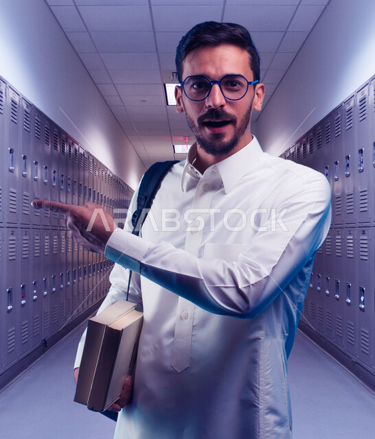 تسهيل الحياة الجامعية للطلاب وتقديم الخدمات المتنوعة ،التعليم الجامعي في السعودية ، مراجعة الدروس اليومية ، توفير خزائن للطلاب الجامعيين للحفاظ على أغراضهم الشخصية، طالب جامعي عربي خليجي سعودي يرتدي الزي التقليدي ويقف في في غرفة اللوكرات ويشير بيده إلى الخزن