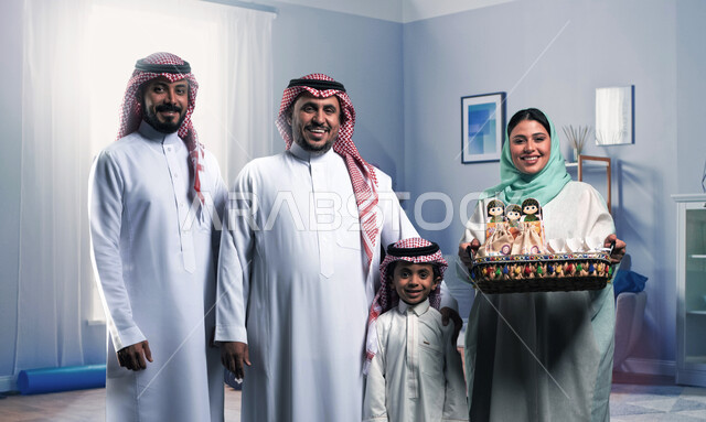زيارات وتجمعات اسرية في الأعياد والمناسبات الاسلامية, عائلة عربيه خليجيه سعودية تقف في غرفة المعيشة تحتفل في العيد المبارك تقوم باستقبال الضيوف برحابة صدر وسرور، سلة قرقيعان وتوزيعات العيد, ارتداء الثوب والشماغ السعودي التقليدي بمناسبة قدوم العيد
