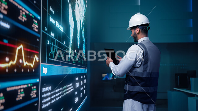 استخدام التقنيات الحديثة المتطورة في متابعه  سوق الاوراق المالية، صورة من الخلف لمهندس عربي خليجي سعودي يرتدي الخوذة وسترة الحماية يقف امام شاشة الكترونية حديثة لخريطة العالم و الاقتصاد العالمي ، الإستثمار المالي والإقتصادي في البورصة