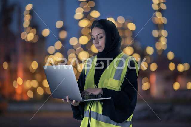 رسم المخططات من خلال البرامج الهندسية، صورة مقربة لمهندسة عربيه خليجية سعودية محجبة ترتدي سترة الحماية الخاصة بالعمل وتعمل على جهاز الحاسوب المحمول في مجال الهندسة المعمارية ، دمج العمل مع التقنية و التكنولوجيا ، خلفية ضبابيه