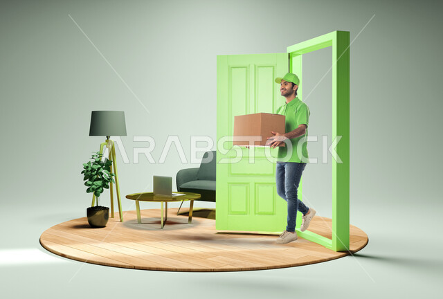 عمليات الشحن و توصيل الطلبيات السريعة الى المنزل, خدمات تسليم طلبات الأونلاين للزبائن, بورتريه لمجسم مصغر على قاعدة دائرية خشبية لمندوب توصيل عربي سعودي خليجي يرتدي الزي الكاجوال يحمل بيده صندوق الطلبية, مفهوم التسوق الإلكتروني الآمن, خلفية رمادية