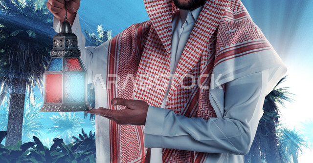 Preparing for the coming of the month of goodness, a close-up of a Saudi Gulf Arab man wearing traditional clothing holding a Ramadan lantern in his hand, spiritual Ramadan decorations and atmosphere, religious occasions and holidays, Islamic antiques, decorations and lights.