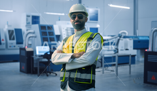 Modern technical development and transformation, efficiency in production and achieving the industrial revolution, advanced Saudi factories based on modern technologies, a Saudi Arabian Gulf industrial engineer wearing a helmet, protective vest and black glasses, standing with his hands folded and looking at the camera proudly, background of manufacturing machines and equipment.