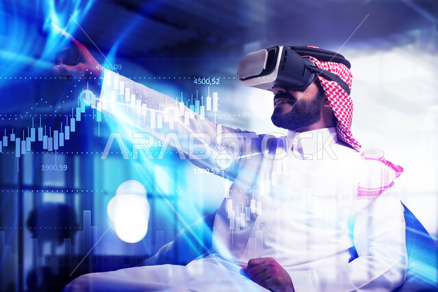 Enjoying viewing and interacting with virtual reality, using the sense of touch to click on holographic elements, a close-up image of a Saudi Gulf Arab man sitting in a comfortable chair and wearing 3D virtual reality glasses, a holographic screen background with stock and stock market elements and data