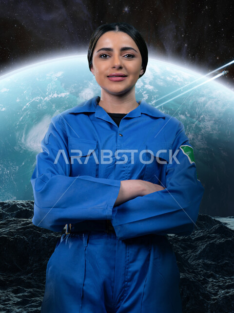 الوقوف بأيدي متقاطعة و النظر الى الكاميرا بفخر، رحلة السعودية إلى الفضاء الخارجي, صورة مقربة لرائدة فضاء عربية خليجية سعودية ترتدي البدلة الفضائية السعودية , تأهيل الكوادر الوطنية لخوض الرحلات الفضائية, خلفية هولوجرامية ثلاثية الأبعاد لكوكب الارض من الخارج