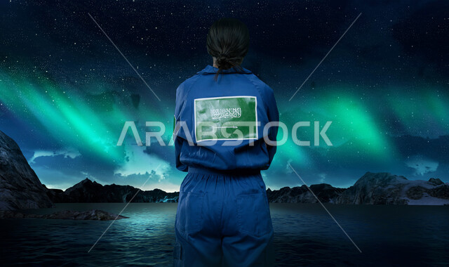 تأهيل الكوادر الوطنية لخوض الرحلات الفضائية, رحلة السعودية نحو العالم الخارجي, مفهوم الملاحة الجوية وهندسة الفضاء, صورة من الخلف لرائدة فضاء عربية خليجية سعودية ترتدي زي الفضاء السعودي, مهن ووظائف نسائية ، خلفية الطبيعة و ظاهرة الشفق القطبي.