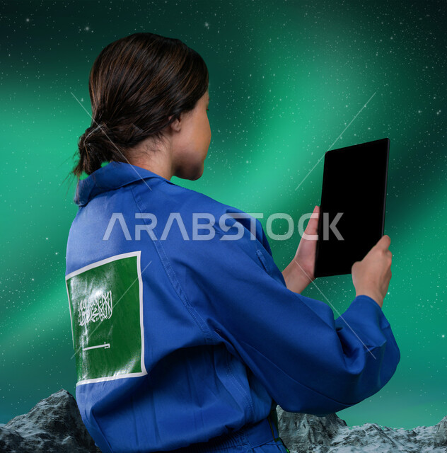الملاحة الجوية وهندسة الفضاء, تتبع عملية سير المركبات الفضائية بإستخدام التابلت والأقمار الصناعية, صورة من الجانب لرائدة فضاء عربية خليجية سعودية ترتدي البدلة الزرقاء بشعار علم السعودية, وظائف نسائية سعودية, خلفية الشفق القطبي