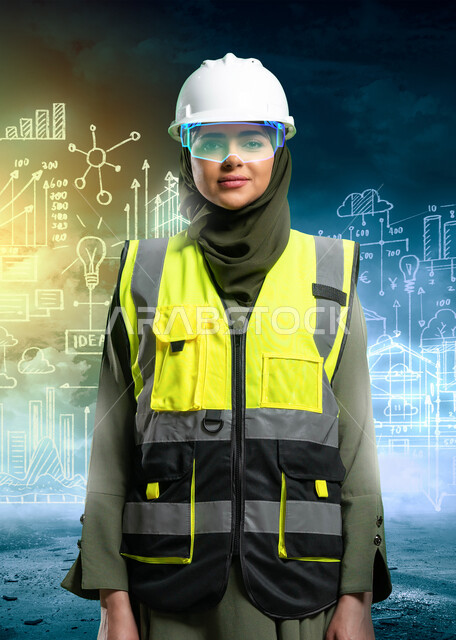 المساهمة الفعالة لمهندسات المملكة في قطاع الطاقة والتنمية المستدامة، صورة مقربة لمهندسة عربية خليجية سعودية محجبة ترتدي السترة و خوذة الحماية و نظارة الواقع الافتراضي و تنظر الى الكاميرا، رؤية مستقبلية 2030 , خلفية أيقونات لأشكال هندسية مختلفة بتقنية الهولوجرام