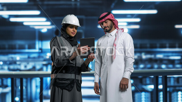 Building advanced data centers, the concept of cloud storage technology, a veiled Saudi Arabian Gulf engineer wearing a helmet and a protective vest, using a tablet and discussing with a man wearing a Saudi thobe, supervision and information management of the data center, a 3D holographic background for the server control room