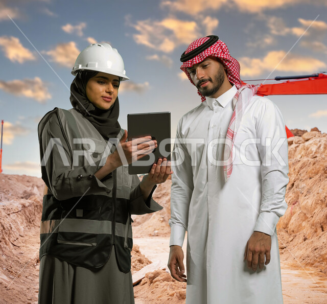 Displaying architectural designs and electronic engineering plans on a tablet, women’s professions and jobs, a Saudi Arabian Gulf architect wearing a helmet and a protective vest discussing with a Saudi Arabian Gulf contractor wearing a traditional dress in the workplace, background of the construction and building site