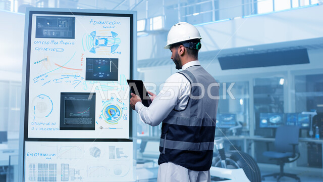 الكفاءة في الإنتاج وتحقيق الثورة الصناعية، مصانع سيارات سعودية متطورة معتمدة على الذكاء الاصطناعي، التطور والتحول التقني الحديث، صورة من الخلف لمهندس عربي خليجي سعودي يرتدي الخوذة وسترة الحماية يقوم باستخدام التابلت للمعاينة والإشراف على التصنيع