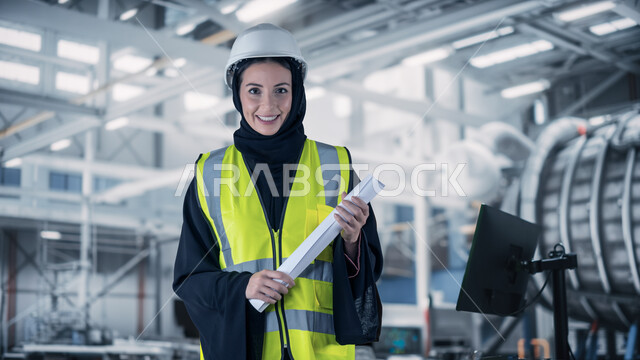 إدخال النساء في مجال الهندسة الصناعية، المتابعة والاشراف على آلية سير عمل المعدات داخل المعمل، صورة مقربة لمهندسة مصانع عربية خليجية سعودية محجبة و مبتسمة  ترتدي السترة و خوذة الحماية تحمل بيدها مخطط العمل وتنظر الى الكاميرا، مهن ووظائف نسائية، خلفية آلات المصنع