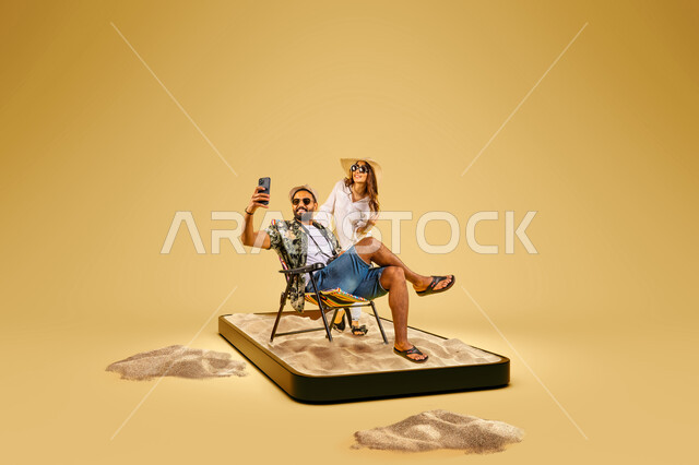 التقاط صور تذكارية خلال الرحلة الصيفية عبر الهاتف المحمول, بورتريه لمجسم مصغر على قاعدة رملية مربعة لزوجين عربيين سعوديين خليجيين يرتديان الزي الكاجوال يقومان بأخذ صورة سيلفي، الجلوس على الرمال الناعمة بايماءات السعادة, سياحة واستجمام في السعودية, خلفية بنية