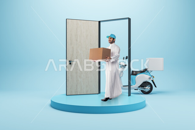 خدمات تسليم طلبات الأونلاين للزبائن, بورتريه لمجسم مصغر على قاعدة دائرية زرقاء لمندوب توصيل عربي سعودي خليجي يرتدي الثوب السعودي يحمل بيده صندوق الطلبية, عمليات الشحن و توصيل الطلبيات السريعة الى المنزل عبر الدراجة, مفهوم التسوق الإلكتروني الآمن, خلفية زرقاء