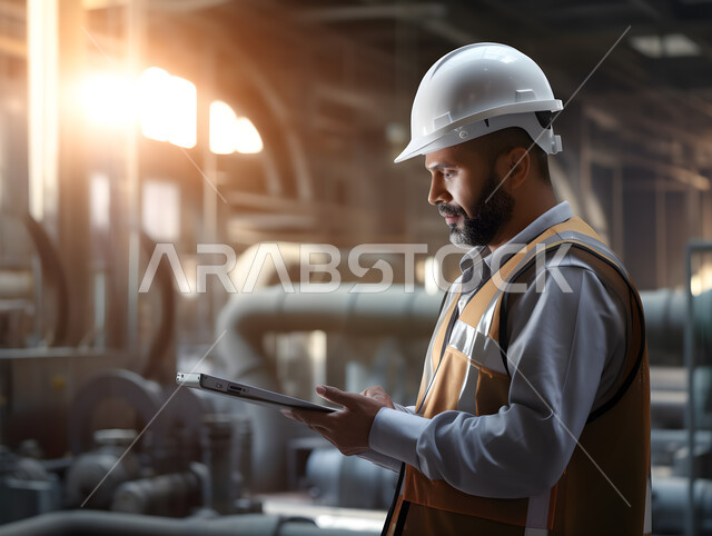 كفاءة الإنتاج و التصنيع وتحقيق الثورة الصناعية, اعتماد التقنيات والتكنولوجيا الحديثة في الهندسة, صورة مقربة لمهندس صناعي عربي سعودي خليجي يرتدي سترة وخوذة الحماية يتابع سير أعمال المصنع بإستخدام جهاز التابلت، مهن ووظائف سعودية، خلفية المعمل.