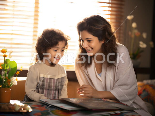 تنمية المهارات الثقافية والقدرات الفكرية والاهتمام بالمستوى التعليمي للابناء، متابعة الدروس و حل الواجبات المنزليه، أم عربية خليجة سعودية مبتسمة تقوم بتعليم وتدريس ابنتها، قضاء اوقات عائلية ممتعة.