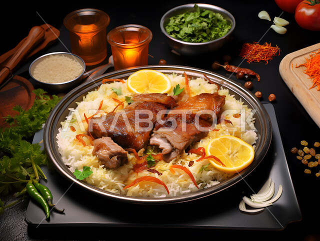 أطباق ووجبات عربية تقليدية شعبية، طبق من أرز المندي و قطع لحم الغنم المزين بشرائح الليمون والتوابل، وصفات طعام المطبخ السعودي، مطاعم للمأكولات العربية الشرقية.