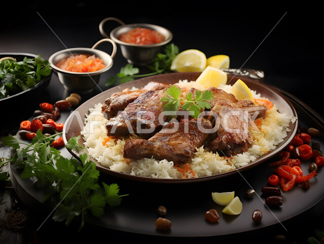 طبق من أرز المندي و قطع لحم الغنم المزين بشرائح الليمون والتوابل، أطباق ووجبات عربية تقليدية شعبية، وصفات طعام المطبخ السعودي، مطاعم للمأكولات العربية الشرقية.
