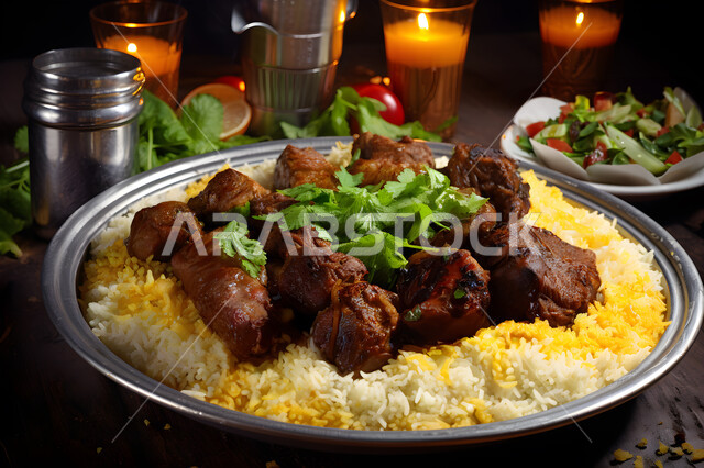 وجبات وأطباق عربية تقليدية شعبية، طبق من أرز الكبسة و قطع لحم الغنم المزين بالأعشاب الخضراء، وصفات طعام المطبخ السعودي، مطاعم للمأكولات العربية الشرقية.