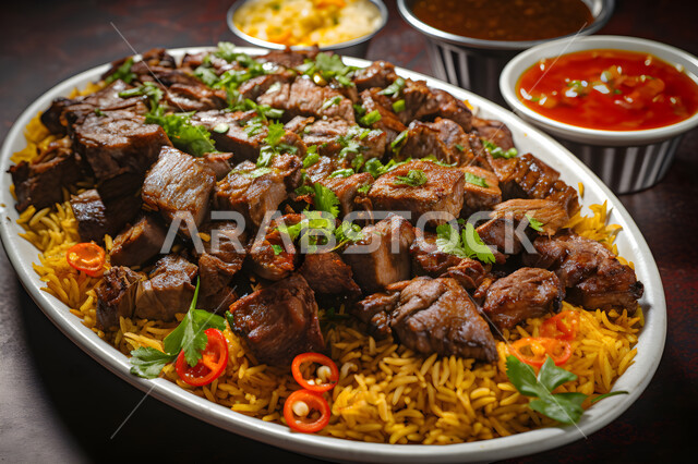 ولائم وأطباق عربية تقليدية شعبية، طبق من أرز الكبسة و قطع لحم الحاشي المزين بالفلفل و البقدونس، وصفات طعام المطبخ السعودي، مطاعم للمأكولات والوجبات العربية الشرقية.