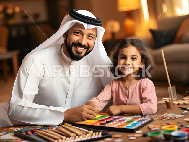 رعاية وتطوير مهارات الأطفال، تنمية القدرات الفنية والتشكيلية لدى الابناء، استخدام أدوات ومعدات الرسم، أب عربي خليجي اماراتي يرتدي الغترة والزي التقليدي يقوم باللعب والتلوين برفقة ابنته، ايماءات السعادة والسرور بقضاء اوقات عائلية ممتعه في المنزل.