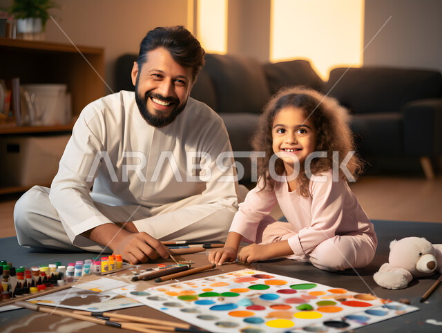 تنمية القدرات الفنية والتشكيلية لدى الابناء، استخدام أدوات ومعدات الرسم، أب عربي خليجي سعودي يرتدي الزي السعودي التقليدي يقوم باللعب والتلوين برفقة ابنته، ايماءات السعادة والسرور بقضاء اوقات عائلية ممتعه في المنزل، رعاية وتطوير مهارات الأطفال.