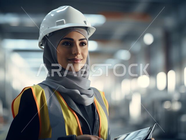 إدارة آلات ومعدات المعمل والتحكم بهم باستخدام التقنية والتكنولوجيا, مهندسة صناعية عربية خليجية سعودية مبتسمة ترتدي السترة وخوذة الحماية البيضاء تحمل بيدها جهاز التابلت، التطور والتحول التقني الحديث، مهن ووظائف نسائية سعودية، خلفية المصنع.