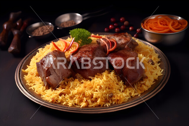 مطاعم للمأكولات العربية الشرقية، طبق من الأرز البخاري مع قطع لحم الغنم المطهية المزين بالتوابل والخضار، أطباق ووجبات عربية تقليدية شعبية، وصفات طعام المطبخ السعودي.