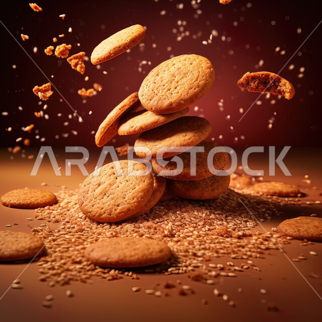 رقائق الكوكيز المزينة بالسمسم، حلويات مخبوزة طازجة، الكعك المحشو بالشوكلاتة، قطع البسكويت المتناثرة، خلفية ملونة