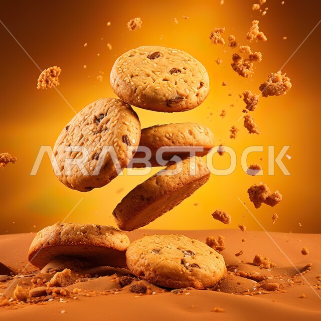 Cookie chips decorated with chocolate chips, freshly baked sweets, cupcakes filled with chocolate, scattered biscuit pieces, colorful background