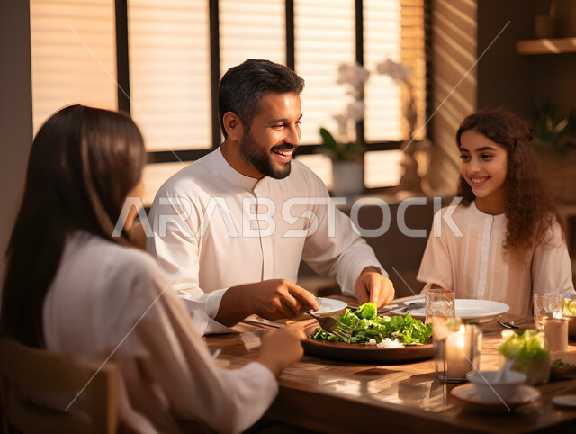 ايماءات تدل على السعادة بأجواء عائلية مليئة بالحب, عائلة عربية خليجية سعودية تجلس على مائدة الطعام المليئة بأصناف المأكولات والمشروبات المتنوعة والشهية, قضاء أوقات ممتعة مع الاسرة في المنزل، سفرة افطار شهر رمضان المبارك.