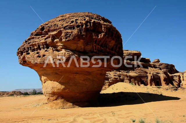 تكوينات صخرية على شكل الفطر في صحراء العلا في المملكة العربية السعودية، المعالم التاريخية الأثرية القديمة في مدائن صالح، الجبال الطبيعية في المناطق الصحراوية في وضح النهار، الأماكن التراثية السياحية في السعودية