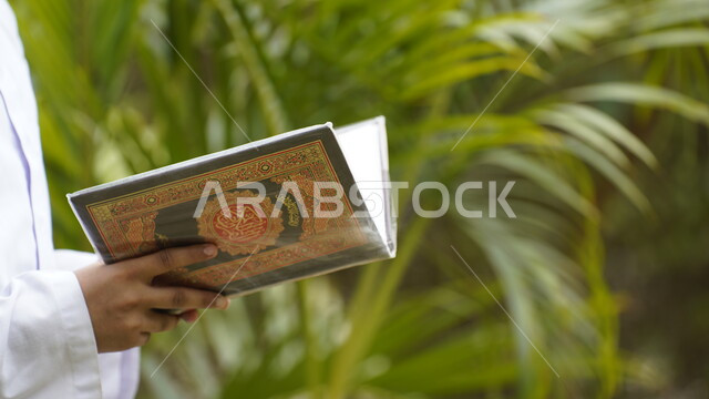 قراءة وتلاوة وحفظ القرآن الكريم، تحفيظ كلام الله، العبادة والتقرب إلى الله في شهر رمضان المبارك، صورة مقربة ليد ولد يحمل المصحف الشريف في الهواء الطلق، خلفية الطبيعة الخضراء