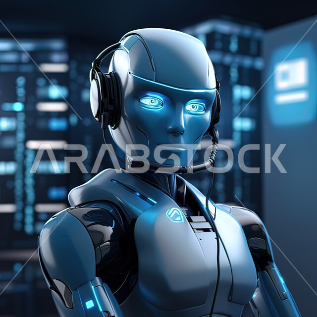 رجل آلي بعيون زرقاء يرتدي سماعة اذن سلكية، استخدام روبوتات ذكية متطور ة في مهنة الدعم الفني، تكنولوجيا المستقبل والتحول الرقمي، برمجة وتحديث تقنية الذكاء الاصطناعي