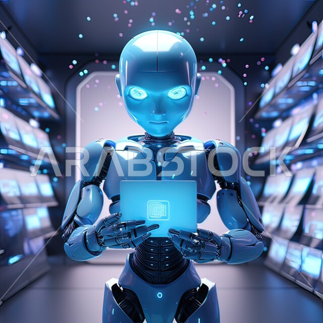 روبوتات ذكية ومتطورة، رجل آلي بعيون زرقاء يستخدم أجهزة تقنية حديثة، تكنولوجيا المستقبل والتحول الرقمي، برمجة وتحديث تقنية الذكاء الاصطناعي