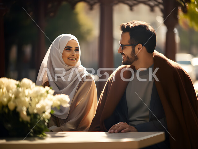 Hiking in the entertaining summer atmosphere, a Saudi Arabian Gulf couple sitting in one of the parks of the Kingdom of Saudi Arabia, exchanging looks