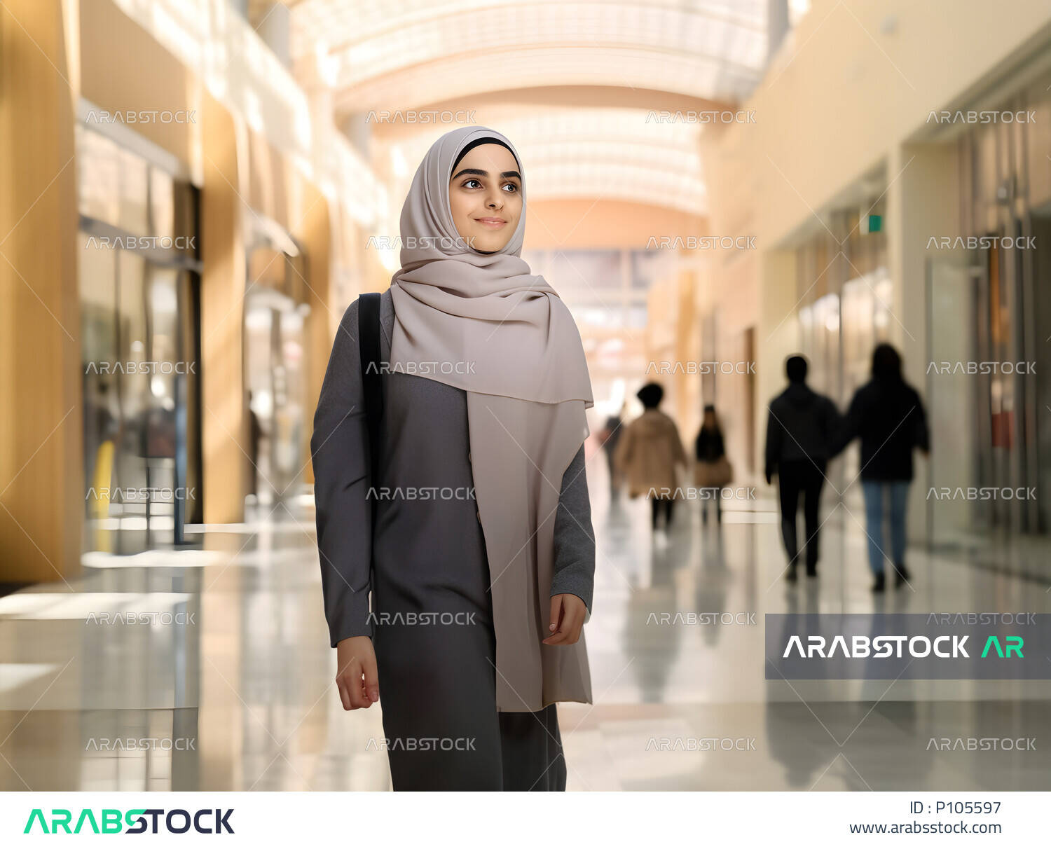 The positive effect of shopping on the psyche of women, a smiling Saudi Arab Gulf woman wearing a hijab shopping and buying necessities, seasonal offers and discounts in the Saudi markets, spending enjoyable times in the mall